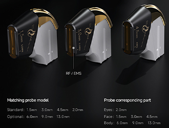 Equipped with multiple probe models to precisely treat different areas including eyes, face, and body. Standard probes cover depths of 1.5mm, 2.0mm, 3.0mm, and 4.5mm. The dedicated 2.0mm probe is ideal for the delicate eye area. For facial treatment, 1.5mm, 3.0mm, and 4.5mm probes target the epidermis, dermis, and SMAS layer respectively. Optional deep-penetrating probes of 6.0mm, 9.0mm, and 13.0mm are available for body contouring and deep fat reduction. One machine with interchangeable probes – from eyes to body, superficial to deep – delivers personalized, layered, and highly effective beauty treatments.