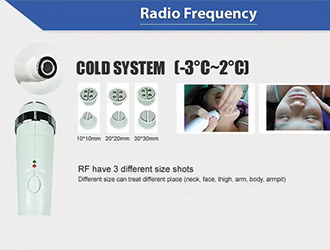RF with cooling system (-3°C~2°C) and 3 spot sizes (10/20/30mm) for precise, comfortable treatment on face, neck, body, arms, thighs, and armpits.